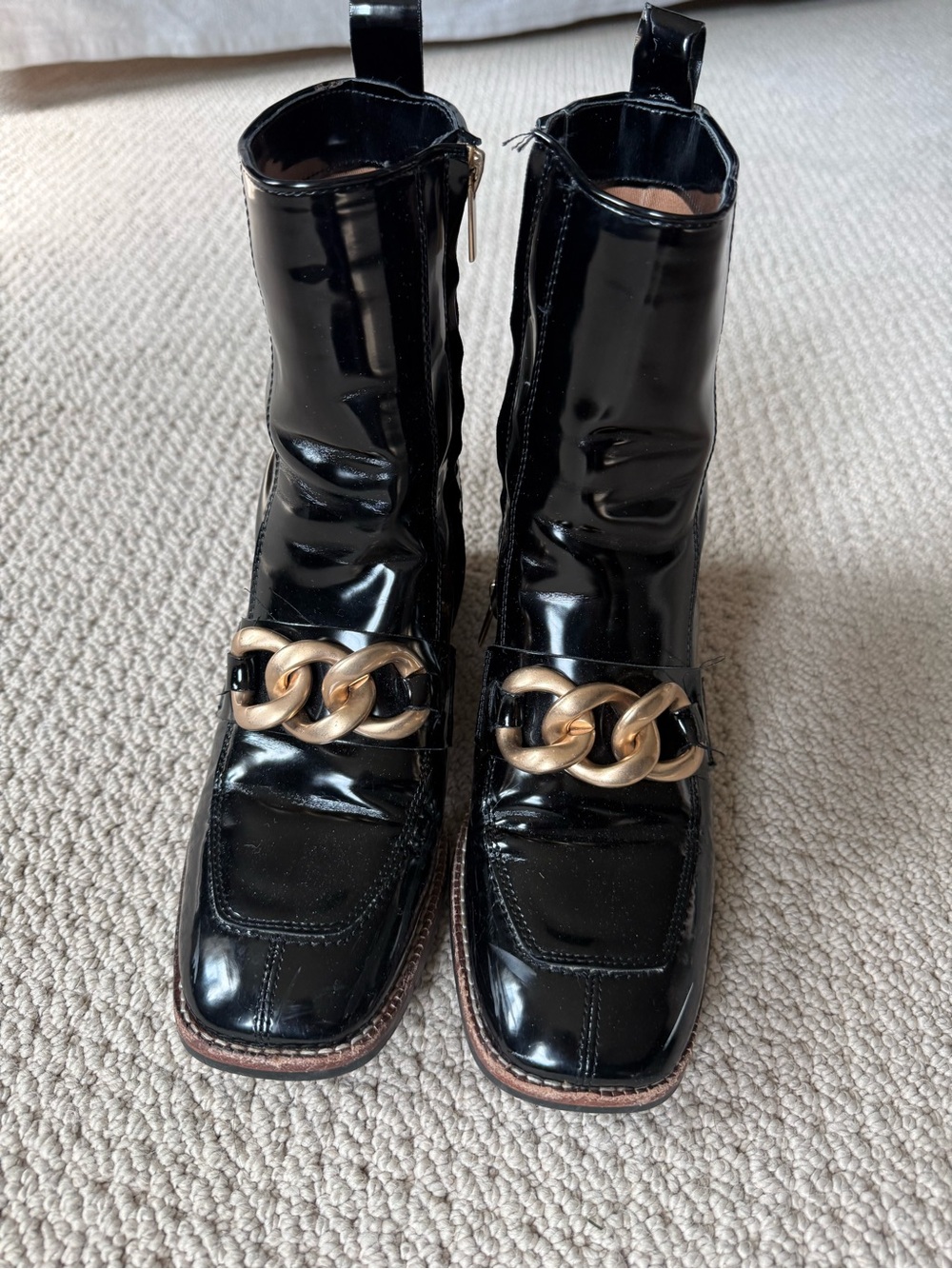 Steve Madden Black Patent Ankle Boots with Gold Chain Accent